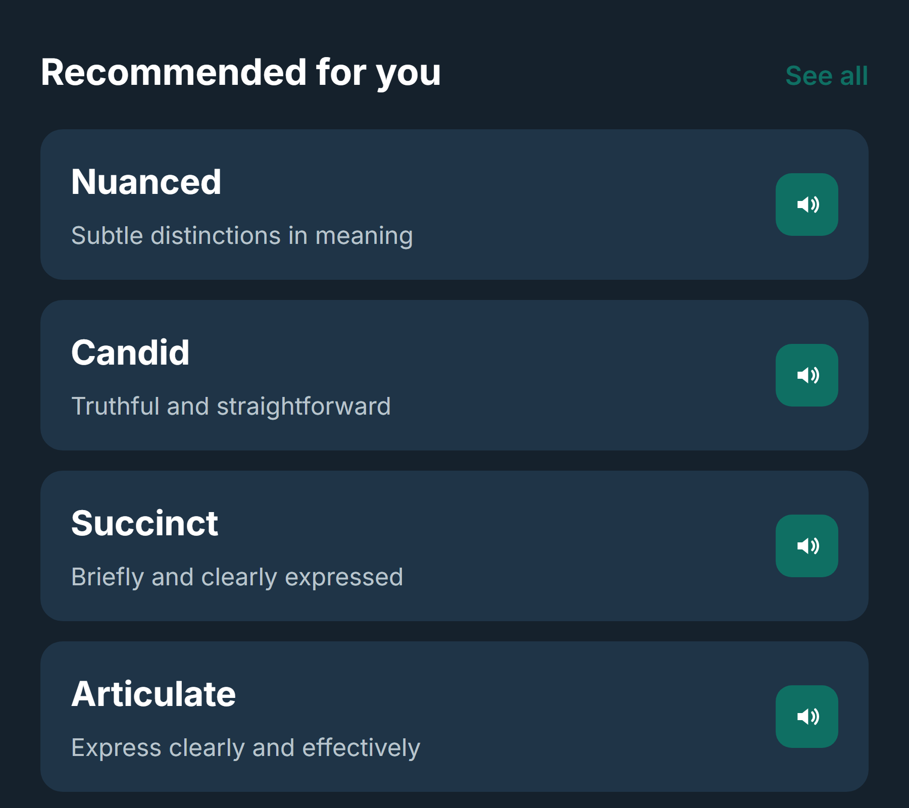 Eloquendi's Recommended for You screen: Nuanced, Candid, Succinct, and Articulate, each with a short definition